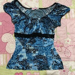Trixxi Blue and Black Floral Lace Blouse